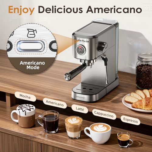 Spacekey Silver Espresso Machine with Milk Frother, 20 Bar Compact Coffee Maker for Home, 39oz Removable Water Tank