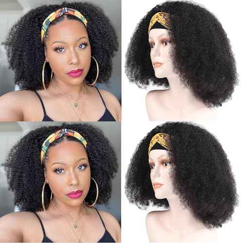 beauty youth Afro Kinky Curly Headband Human Hair Wigs for Black Women 12inch Glueless None Lace Front Wigs 150% Density Brazilian Virgin Headband Wigs