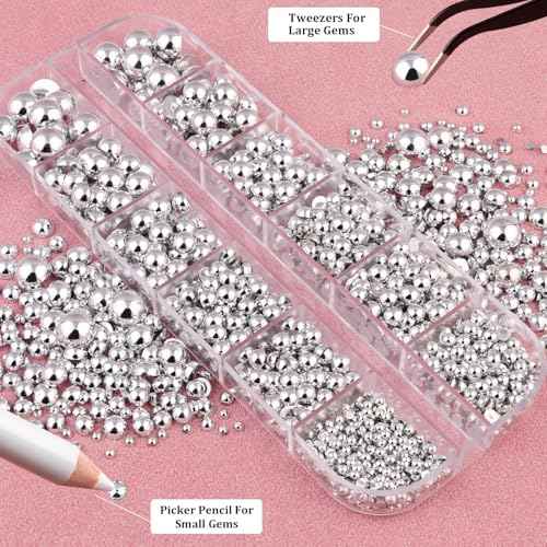 Belleboost Silver Nail Charms and Gems, Half Round Flatback Pearl Nail Charms, Nail Pearls Rhinestones Kit Silver Beads for Nails with Pencil and Tweezer for DIY Nail Art, Face Makeup and Crafting
