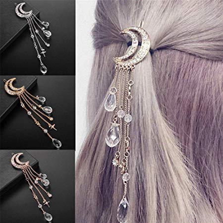 Romantic Crescent Moon Star Crystal Dangle Hairpin Rhinestone Beads Hair Clips Bridal Jewelry Tassel Drop Hair Pins Bobby Pins For Women Girls Hair Accessories (Rose Gold)