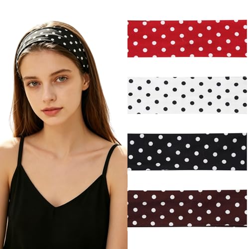 Polka Dot Elastic Headbands for Women, 4-Pack Non-Slip