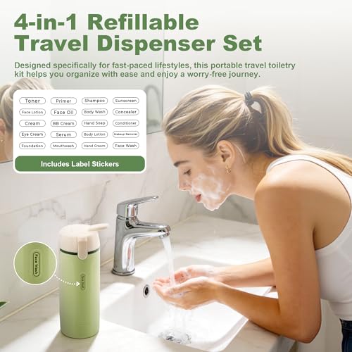 4-in-1 Travel Dispenser Bottles Set – Leak-Proof Refillable Toiletry Containers with Labels for Shampoo, Conditioner, Lotion, Creams – TSA Approved, Green