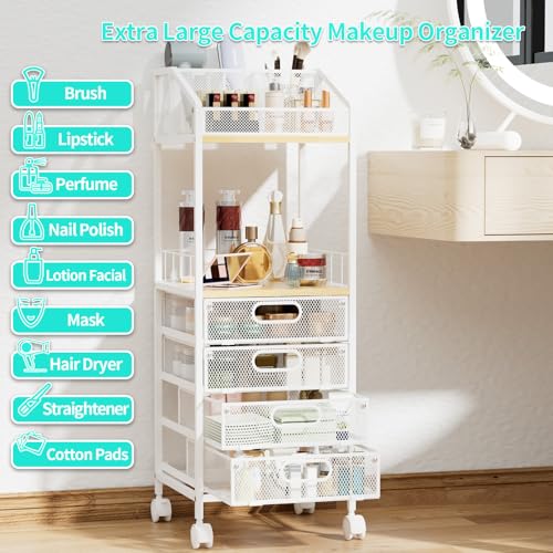 HapiRm Makeup Organizer Storage Cart - Floor Skincare Make Up Storage with 4 Drawers, Rolling Makeup Cart Vanity Organizer Cosmetics Display Cases Holder for Skin Care Perfume Nail Polish
