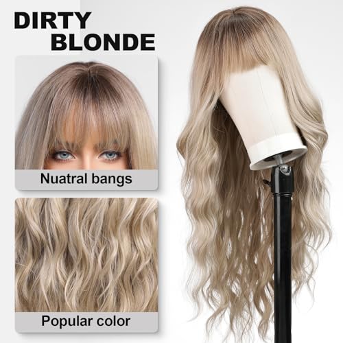 KOME Ombre Dirty Blonde Wigs with Bangs,Ash Blonde Long Wavy Wig for Women,Long Curly Synthetic Hair Wig for Party Daily Use 24IN