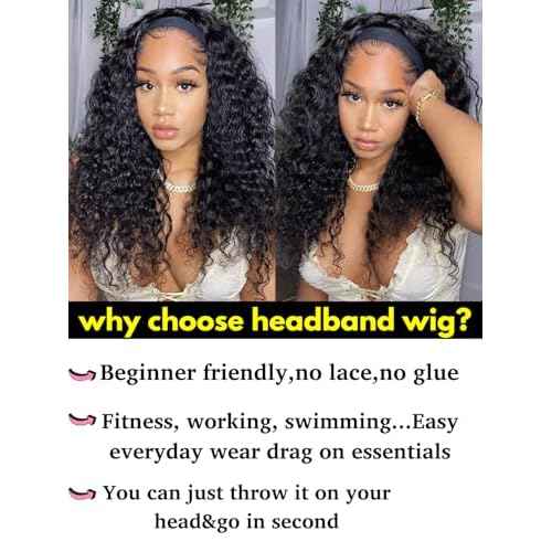 Water Wave Headband Wig Human Hair 14inch Curly Drawstring Headband Wigs Human Hair Wear and Go Glueless Wigs for Black Women Brazilian Virgin Hair 220 Density Natural Color