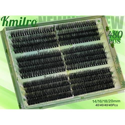Kmilro Lash Clusters 14-20mm Volume Cluster Eyelash Extensions Thick Eyelash Clusters 480pcs Waterproof Wispy Individual Lashes Soft False Eyelashes DIY Lash Extension (150D+180D+200D)