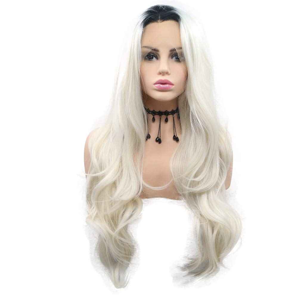 sylvia Black to Platinum White Hair Synthetic Lace Front Wigs Long Natural Wave Realistic Hairline Soft Glueless Half Hand Tied Wig 180% Density Heat Resistant Hair Replacement for Women…
