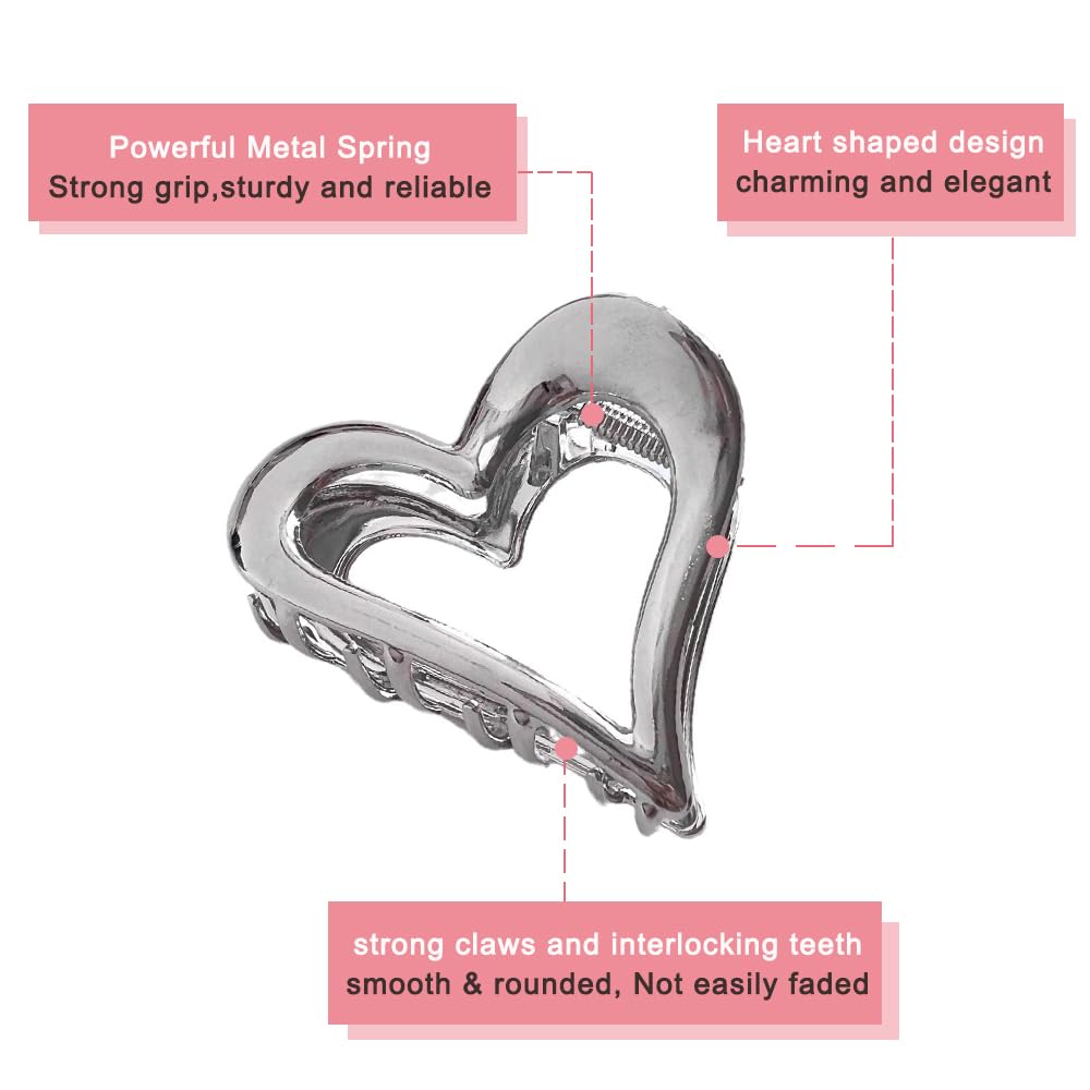 Valentine's Day Hair Clips for Women and Girls Silvery Metal Heart-Shaped Claw Clips for Thick Hair Design Claw Clip for Thick Thin Hair Valentine's Day Hair Clips for Women 1Pcs