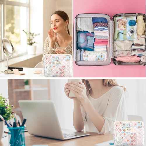 2Pcs Quilted Cotton Makeup Bag Large Travel Makeup Pouch Small Brush Holder Set for Women Cute Floral Coquette Makeup Bag Aesthetic Cosmetic Bag Flower Bee Toiletry Organizer Storage Bag Zipper Pouch