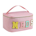 Chenille Letter MEDS Makeup Bag,Large Size Striped Medicine RX Cosmetic Bag with Top Handle, Aesthetic Seersucker First Aid Travel Organizer Bag for Women Girls(05Pink)