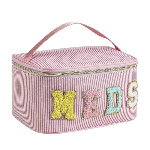 Chenille Letter MEDS Makeup Bag,Large Size Striped Medicine RX Cosmetic Bag with Top Handle, Aesthetic Seersucker First Aid Travel Organizer Bag for Women Girls(05Pink)