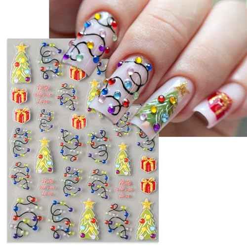 2 Sheets Embossed Christmas Nail Stickers, 5D Colorful Light String Self-Adhesive Nail Art Decals for Women Girls DIY Winter Xmas Tree Manicure