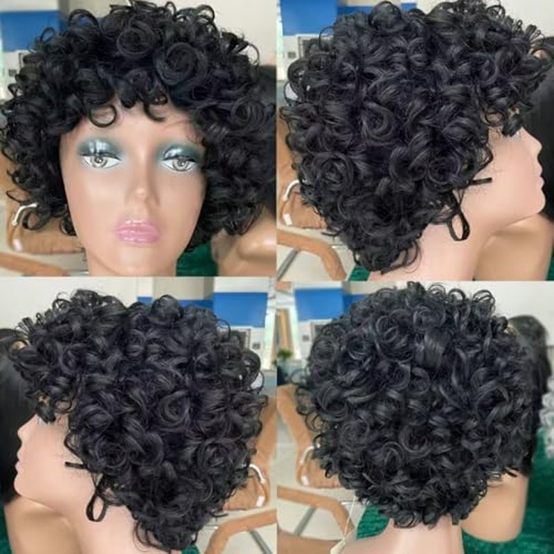 TATOUS Short Curly Bob Wig with Bangs - 100% Human Hair for Black Women