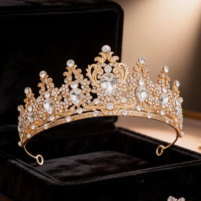Queen Crown Rhinestone Tiara for Women - Gold & White