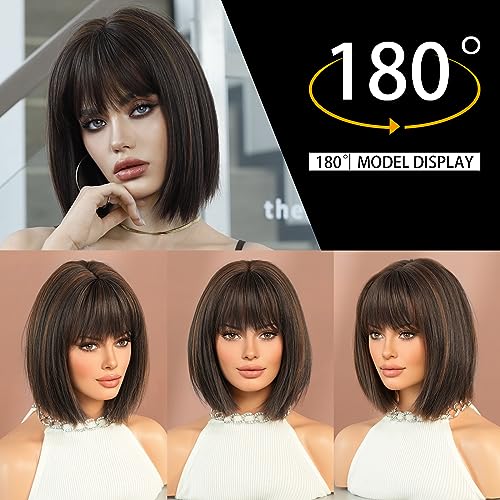 12-Inch Short Blonde Brown Bob Wig with Bangs - Heat Resistant