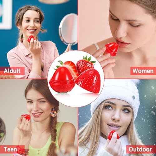 12 Pcs Cute Lip Balm Strawberry Wrinkle Repair Moisturizing and Plumping Lasting Hydrating Strawberry Shaped Lip Protector for Women Valentines Gift