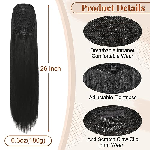 FLUFYMOOZ ponytail extension, 26 Inch Long Straight Drawstring Ponytail Synthetic Hairpieces Fake Pony Tails Natural Soft Clip in Hair Extension ponytail for Women (Natural Black)