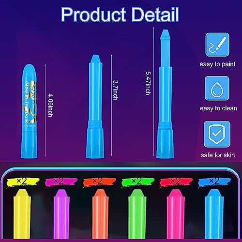 12 Pieces Glow Blacklight Face & Body Paint Makeup, Glow in The Dark Face Painting Kit Neon Paint Sticks for Adult Halloween Glow Party