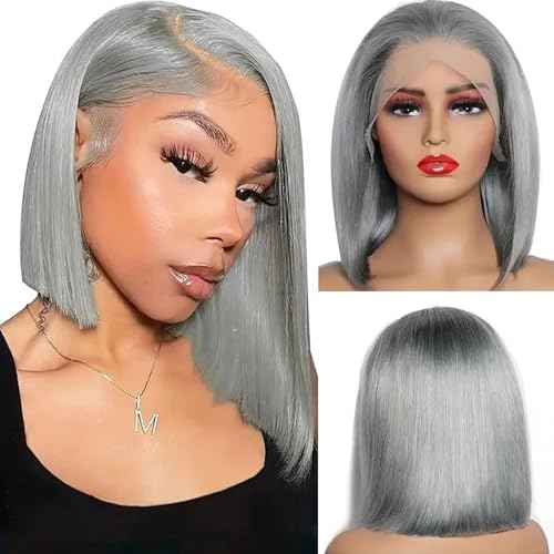 Ubetta Grey Bob Wig Human Hair 13x4 Lace Front Wigs for Black Women Glueless Bob Wigs Human Hair Pre Plucked Silver Grey Lace Front Wigs 12 Inch 180% Density Slightly Bleach Knots