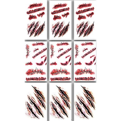 9pcs Halloween zombie makeup Fake Bloody Wound Stitch Scar Waterproof Temporary Tattoo Sticker Halloween Masquerade Prank Makeup Props