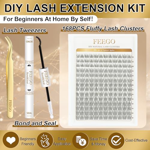 FEEGO Natural Lash Extension Kit 168Pcs Lash Clusters Kit Wispy Eyelash Extensions Individual Lashes Extensions with Bond and Seal Lash Glue and Eyelash Extension Tweezers DIY (9-12 MM)