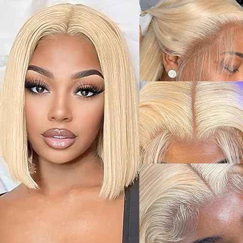 Bob Wig Human Hair 13x4 HD Lace Frontal Short Straight Lace Front Bob Wigs for Black Women Human Hair Pre Plucked Glueless Side Part 200% Density 613 Blonde Color 10 Inch