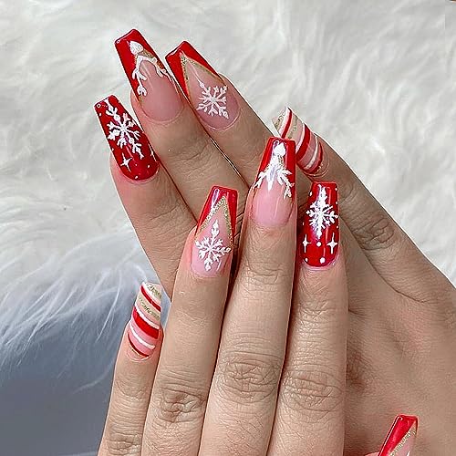 Long Square Christmas Press on Nails Black Glossy Fake Nails White Snowflake French Tip Stick on Nails Gift Winter Art Nails Acrylic Nails for Women and Girls 24 PCS Nail Decorations