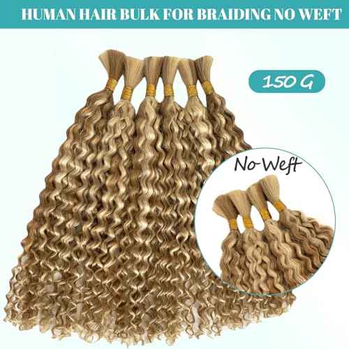 Blonde Colored Human Hair Braiding Hair Wet and Wavy Bulk Boho Hair for Braiding 150G Long 30 Inch No Weft Knotless Wet and Wavy Bundles Real Human Hair Extensions 3 Braids/Pack