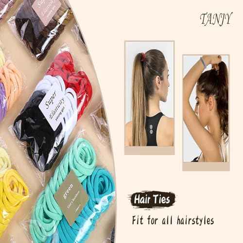 100PCS Hair Ties High elastic Women¡®s hair bands Seamless Thick color mixed Hair Band Elastic Hair Ties Hold hair without damage Ponytail Holder (Black-White-Red mixed)