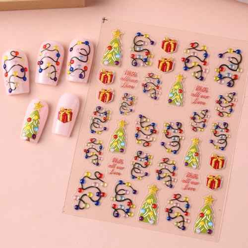 2 Sheets Embossed Christmas Nail Stickers, 5D Colorful Light String Self-Adhesive Nail Art Decals for Women Girls DIY Winter Xmas Tree Manicure