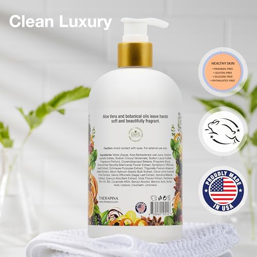 THERAPINA Aromatherapy Luxury Liquid Hand Soap – Vegan, Moisturizing Hand Wash with Aloe Vera, Botanical Oils, Manhattan Bourbon Scent – Fancy Liquid Hand Soap for Bathrooms, Kitchen, More, 16 Oz.