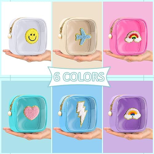 Silkfly 6 Pcs Cute Preppy Patch Makeup Bags Bulk Christmas Mini Pouches for Gifts Chenille Nylon Toiletry Macaron Color Cosmetic Bags with Zipper Clear Toiletry Pouches for Women Travel Supplies