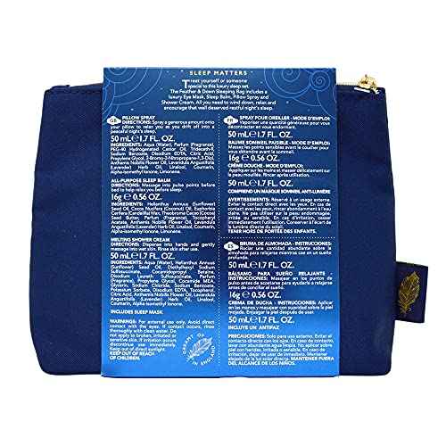 Feather & Down Sleeping Bag Gift Set: Luxury Eye Mask, Sleep Balm, Pillow Spray and Shower Cream, with Calming Lavender & Chamomile Essential Oils, Vegan & Cruelty Free