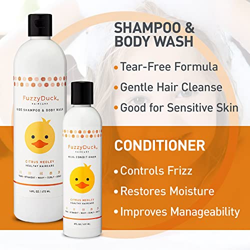 FuzzyDuck Kids Shampoo + Body Wash, Conditioner and Hair Gel Set (8oz each) for All Hair Types, Moisturizer with Aloe, Sea Botanicals & Honey to Reduce Frizz, Increase Moisture & Manageability for Smooth, Silky Hair - Citrus Medley