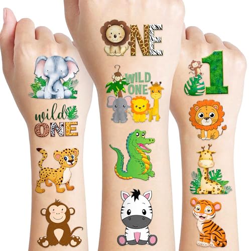 96-Piece Wild One Jungle Animal Temporary Tattoos for Birthday Party