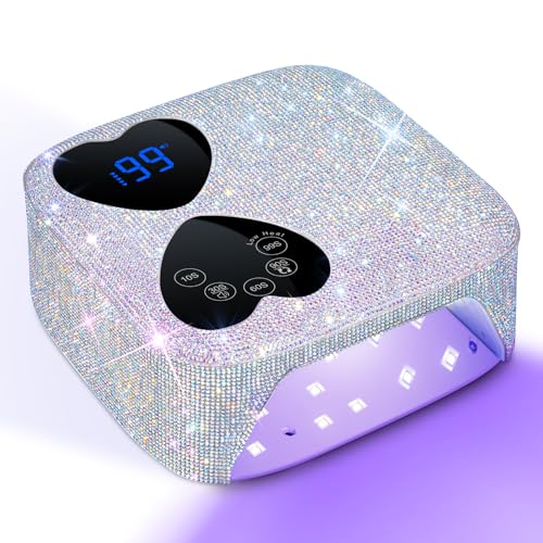 UV LED Nail Lamp Cordless, HUITINE 80W Rechargeable UV Light for Gel Nails, Professional Gel Light Dryer with 5 Timers & Mirror Base, Sparkling Rhinestones Diamond Curing Lamp for Salon & Home