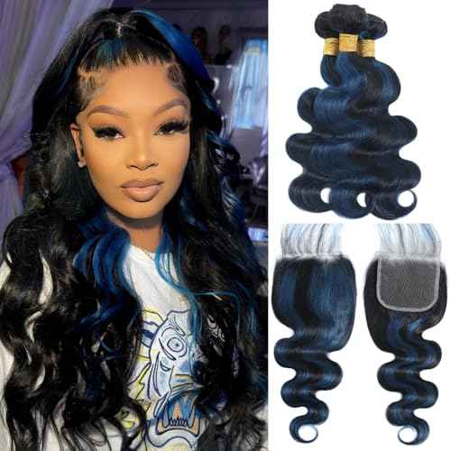 ALHER Midnight Blue 3 Bundles with 4x4 HD Lace Closure Human Hair 16 18 20+16 Inch, Body Wave #F1B/BlueBlack Roots to Blue Colored Bundle Wavy 100% Remy Hair Bundles with Closure Free Part