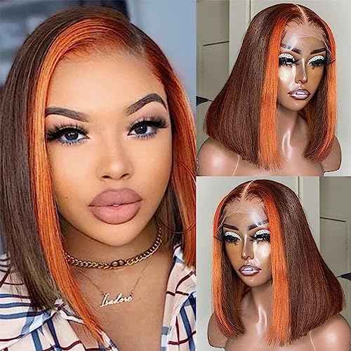Ginger Orange Highlight Skunk Stripe Short Bob Wigs Human Hair Chocolate Brown Straight Bob Wigs Ombre 13x4 HD Lace Frontal Wigs Brazilian Virgin Human Hair Wig 150% Density Pre Plucked 10 Inch