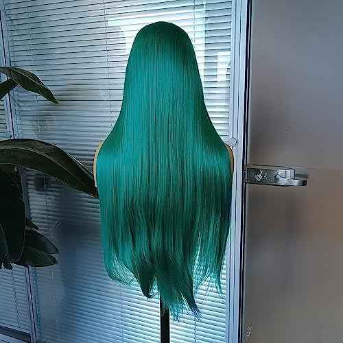 RONGDUOYI Teal Green Synthetic Lace Front Wigs 24inches Emerald Green Long Silky Straight Lace Front 13x4 Synthetic Wig with Natural Hairline Heat Fiber Hair Christmas Cosplay Wigs for Women