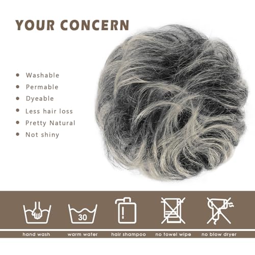 BARSDAR 100% Human Hair Bun Extension - Gray Messy Bun Scrunchie