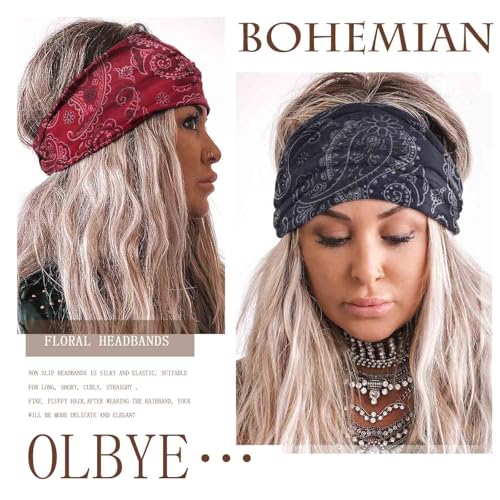 Olbye Wide Boho Headbands Floral Stretch Head Wraps 4-Pack