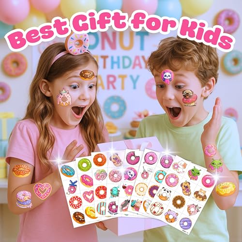 96PCS Donut Pre-Cut Temporary Tattoos for Kids - Cute Birthday Party Decorations, Stickers for Girls & Boys, Fun Party Favors, Classroom Prizes, Christmas Gifts, Themed Party Supplies