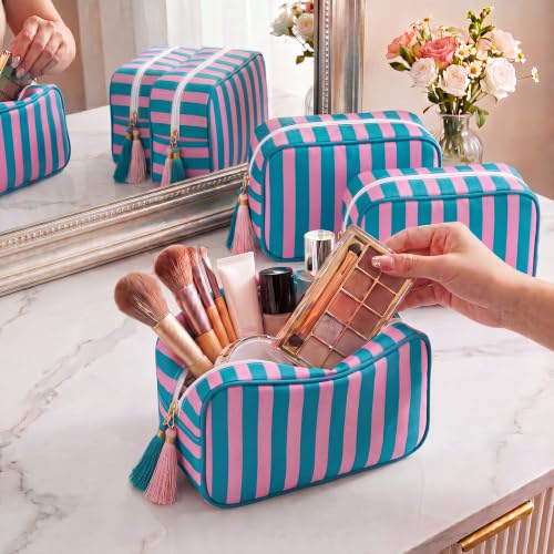 Kacctyen 6 Pack Striped Makeup Bag Tassel,Blue and Pink