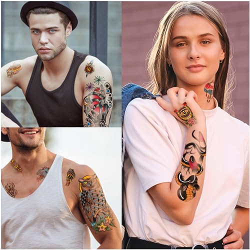 Waterproof Temporary Tattoos for Men Women Kids - 77 Sheets
