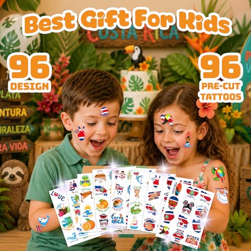 96 PCS Costa Rica Temporary Tattoos for Kids Birthday Party