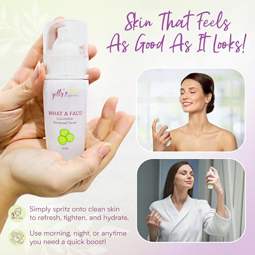 Made in USA Cucumber & Witch Hazel Toner Spray for Face ? Gilly¡¯s Organics Natural Astringent with Aloe & Tea Tree ? Pore Minimizer, Acne Mist, Hydrating Primer & Moisturizer, 3 fl oz