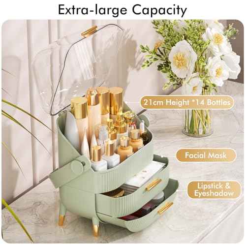 Makeup Organizer Skincare Organizers - Cosmetic Display Cases with Transparent Cover, SkinCare Organizers for Bathroom Countertop, Bedroom Vanity Desk, Lipstick Organizer, Green