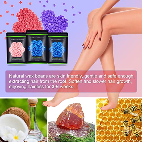 Auperwel Hard Wax Beads for Sensitive Skin 10.5 oz - Blue & Pink Variants for Painless Hair Removal, Bikini, Face, Legs, Eyebrows, 3-Pack with 10 Wax Sticks