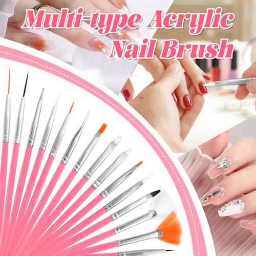 Nail Art Tools Kit with 15 Nail Art Brushes, 5 Dotting Tools, Nail Stand for Press-on, Nail Design Tools for Salon & DIY Home Manicure (Pink)