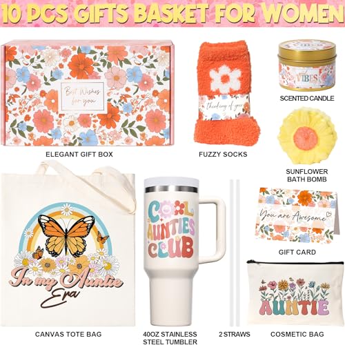 Best Aunt Gifts, Christmas Gifts for Auntie from Niece Nephew, Unique Birthday Gift Basket for Aunt, Aunties, Aunts to Be, Care Package for Women Best Auntie Gift with Makeup Bag 40 OZ Tumbler